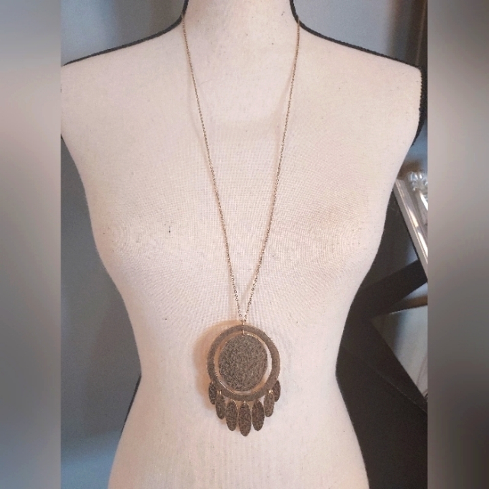 ENVIOUS Jewelry Hammered Gold-Tone Circle Pendant Fringe Dangle Drop Necklace.